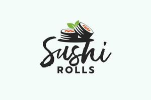 sushi rullar logotyp med en kombination av rullar, löv, och text för sushi barer, restauranger, kaféer, etc. vektor