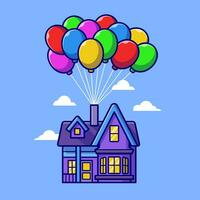 schwebend Haus mit Ballon Karikatur Vektor Symbol Illustration. Gebäude Urlaub Symbol Konzept isoliert Prämie Vektor. eben Karikatur Stil