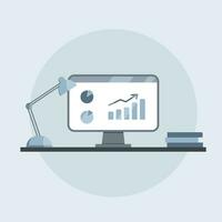 Computer mit ein Diagramm auf das Bildschirm, auf ein Tabelle mit Bücher und ein Lampe vektor