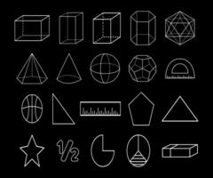 Vektor geometrisch Formen, Würfel, Kegel, fünfeckig Pyramide, Zylinder, Kegel, Oktaeder, sechseckig Prisma, Dodekaeder Formen.