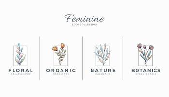 schöne feminine botanische Logos mit handgezeichneten Blumen vektor