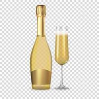 realistische 3D Champagner goldene Flasche und Glas Symbol isoliert vektor