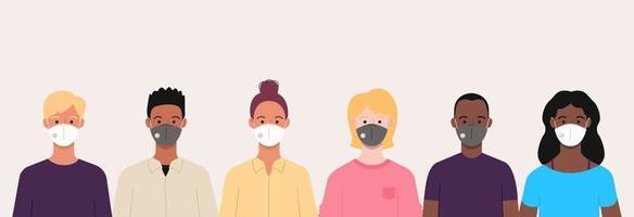 Menschen, die Masken zum Schutz vor Coronavirus, Grippe und Luftverschmutzung tragen vektor