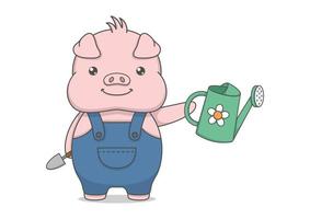 süßes Cartoon-Schwein, das Gartengeräte hält vektor