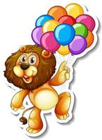 Aufklebervorlage mit einem Löwen, der viele Luftballons hält vektor
