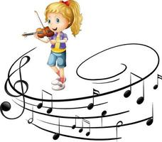 en flicka som spelar fiol seriefigur med melodisymboler vektor