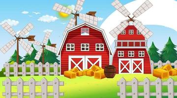 Bauernhoflandschaftsszene mit Scheune und Windmühle vektor