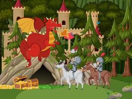 Ritter kämpfen mit Drachen auf der Burg vektor