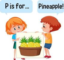tecknad karaktär av två barn stavning frukt ordförråd vektor