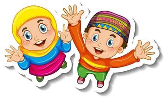 Aufklebervorlage mit ein paar muslimischen Kindern Cartoon-Figur isoliert vektor