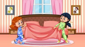 zwei Mädchen-Cartoon-Figur in der Schlafzimmerszene vektor