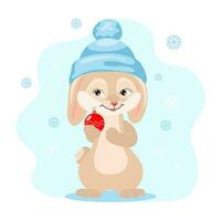 süßes Häschen in einem Hut mit einem Weihnachtsball auf einem Hintergrund mit Schneeflocken. weihnachtsillustration, kinderdruck, vektor