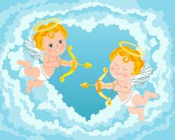 söt cupid änglar med bågar och pilar i de moln i de himmel. illustration för bröllop, alla hjärtans dag, vektor