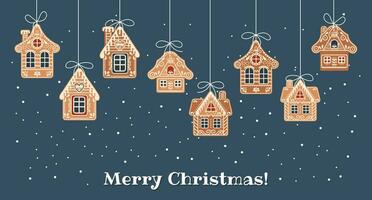 jul bakgrund med hängande söt pepparkaka hus i de snö, hälsning kort mall. illustration i platt stil. vektor