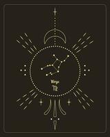 magi astrologi affisch med Jungfrun konstellation, tarot kort. gyllene design på en svart bakgrund. vertikal illustration, vektor