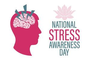 National Stress Bewusstsein Tag Banner. Gehirn mit Depression, Lotus Blume und Text. Poster, Vektor