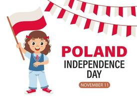 Polieren Unabhängigkeit Tag. süß wenig Mädchen mit Polieren Flagge. Polen Unabhängigkeit Tag Banner. Illustration, Poster, Vektor