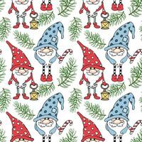 sömlös mönster, söt nisser med jul godis och gran grenar. skriva ut, barns textil, vektor