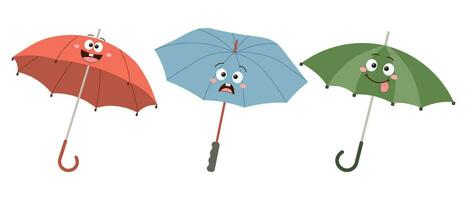 uppsättning av söt tecknad serie paraply tecken med annorlunda känslor. höst illustration i platt stil. vektor