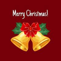 hälsning kort med gyllene klockor, rosett och järnek och text glad jul. röd och guld design. illustration, vektor