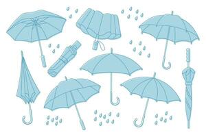 uppsättning av regn paraplyer, öppen och stängd paraplyer. samling av säsong- Tillbehör. skiss, linjär ikoner med Färg. vektor