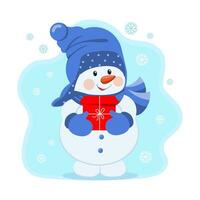 söt snögubbe i en hatt och scarf med en gåva låda och snöflingor. jul illustration, barn skriva ut, vektor