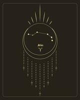 magisches astrologieplakat mit widderkonstellation, tarotkarte. goldenes Design auf schwarzem Hintergrund. vertikale Abbildung, Vektor