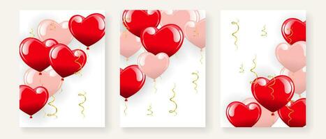 einstellen von Luxus Gruß Plakate mit bunt Herz Luftballons und golden Serpentinen. Geburtstag, Hochzeit, Valentinstag Tag. Poster, Banner, Vektor
