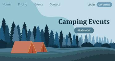 Camping Veranstaltungen. Tourist Zelt gegen das Hintergrund von ein Wald Landschaft. Banner, Vorlage, Landung Buchseite. Illustration, Vektor