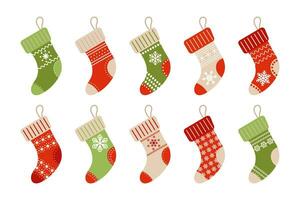 Winter Weihnachten Socken mit Schneeflocke Ornament, Aufkleber Satz. Symbole, Vektor