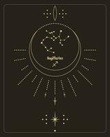 magi astrologi affisch med konstellation skytten, tarot kort. gyllene design på en svart bakgrund. vertikal illustration, vektor