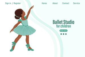 Tanzende Ballerina des kleinen Mädchens auf Hintergrund mit Textballettstudio für Kinder. Banner, Webillustration, Poster, Vektor