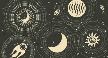 astrologisch Hintergrund im Boho Stil, golden mystisch esoterisch Symbole von das Mond, Sonne, Sterne auf ein dunkel Hintergrund. drucken, astronomisch Hintergrund. Vektor