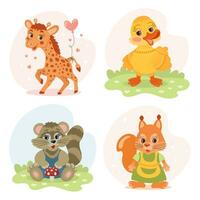 einstellen von süß Karikatur wenig Tier Figuren, Giraffe, Teddy tragen, Eichhörnchen, Huhn, Entlein, Waschbär, Igel, Wolf, Biber. Abbildungen im eben Stil. Kinder- drucken, Postkarte. Vektor