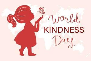 Welt Freundlichkeit Tag Banner, November 13.. Silhouette von ein süß wenig Mädchen mit ein Schmetterling. Illustration, Poster, Vektor