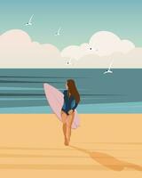 flicka surfare på de havsstrand med en surfingbräda mot de bakgrund av en havsbild. utomhus- aktiviteter begrepp, affisch, vektor