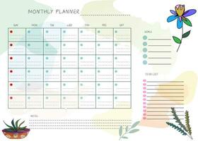 Blume Hand gezeichnet sauber Design monatlich planen und Kalender Vorlage vektor