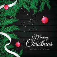 glad jul ett Lycklig ny år hälsning vektor illustration med träd grenar, band, och konfetti på svart trä- bakgrund