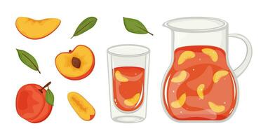 persika kompott av mogen persikor i en karaff. hemlagad konserverad persika kompott i glas. konserverad frukt. frukt bevarande. tecknad serie ctyle. organisk mat mall. eco vektor