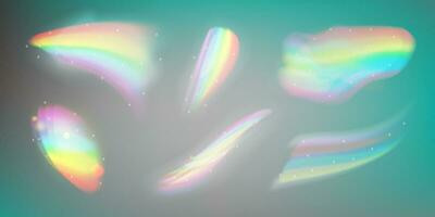 vektor illustration av abstrakt suddig regnbågsskimrande ljus bakgrund. uppsättning av regnbåge ljus prisma effekt. hologram reflexion, kristall blossa läcka skugga täcka över.