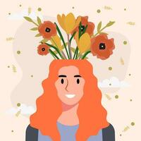 platt design vektor illustration begrepp av kvinna med blommor i henne huvud.