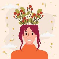 eben Design Vektor Illustration Konzept von Frau mit Blumen im ihr Kopf.