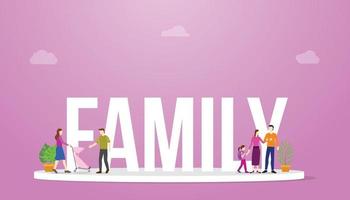 Familie großes Wort mit Eltern und Kind zusammen mit rosa Hintergrund vektor