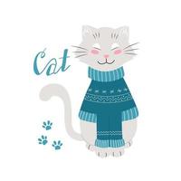 Katze in einem warmen Winterpullover, lustige Haustiere, Vektorillustration. vektor