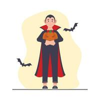 man i en vampyr kostym innehav en halloween pumpa. vektor illustration.