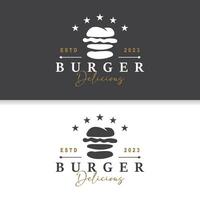 burger logotyp snabb mat design, varm och utsökt mat vektor mall illustration