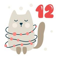 jul första advent kalender med hand dragen katt. dag tolv 12. scandinavian stil affisch. söt vinter- illustration för kort, affisch, unge rum dekor, barnkammare konst vektor