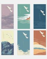 Kunst Landschaft Hintergrund mit japanisch Hand gezeichnet Welle Muster. Kran Vögel und Berg Wald Feier Karte im Jahrgang Stil vektor