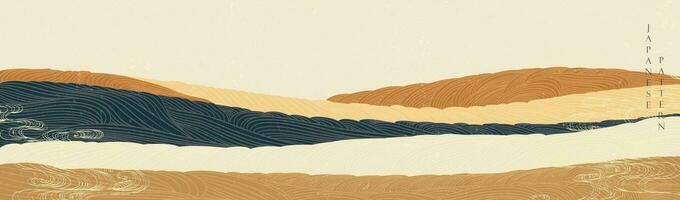 Kunst Landschaft Hintergrund mit Hand gezeichnet Welle Textur Vektor. Linie Muster mit Berg Wald Banner im Jahrgang Stil. breit Hintergrund. vektor