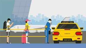 Menschen tragen Maske und Sozial Distanzierung Warteschlange zum Fluggesellschaft Besatzung Kontrollpunkt beim Flughafen Taxi Warteschlange Linie. vektor